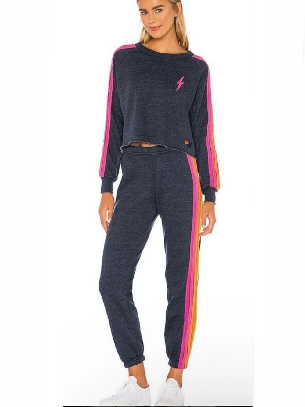 2ps Set Aviator Nation 5 Stripe Bolt Cropped Sweatshirt & Sweatpants READ - Picture 2 of 13